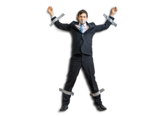 Businessman in suit is taped to the wall with adhesive tape. Isolated on transparent background.