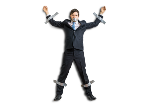 Businessman in suit is taped to the wall with adhesive tape. Isolated on transparent background. - Powered by Adobe