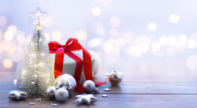 Christmas tree and Christmas gifts. Christmas banner or greeting card design