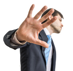 Businessman is showing hand. No comment gesture. Isolated on transparent background.