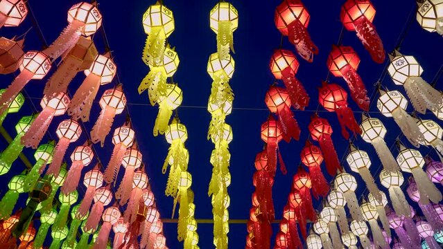 Colorful Lantern Festival in Loi Krathong Festival at Wat Phra That Hariphunchai, Lamphun, Thailand, Oct 23, 2022.