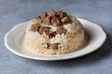 Traditional Turkish cuisine; Meat rice pilaf. Turkish name; etli pirinc pilavi