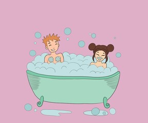 young guy with a girl sit in a bath with foam and bubbles, laugh, they are happy and enjoy bathing together, pink background, the concept of hygiene and spending time together