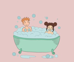 horizontal cute illustration, cheerful guy with a girl sit in a turquoise bath with foam and bubbles, laugh, they are happy and enjoy bathing together, light background