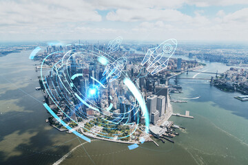 Aerial panoramic helicopter city view on Lower Manhattan district and financial Downtown, New York, USA. Startup company, launch project to seek and develop scalable business model, hologram