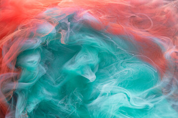 Emerald red ink abstract background. Acrylic paint backdrop for perfume, hookah, cosmetics. Mysterious smoke clouds, colorful fog © amixstudio