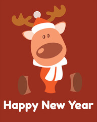 New Year's deer with a scarf on a red background. Cartoon, flat style, vector illusstrtion.