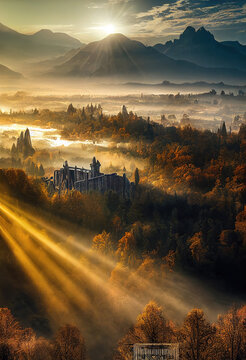 AI generated image of sunrise over a large medieval castle in the middle of a forest with mountains in the background. Fairy-tale castle