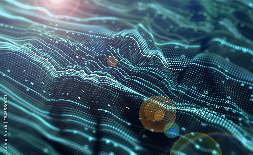 Poster Digital strings data stream. Big data business analytics. Wavy field of cyberspace. 3D illustration of a conceptual internet technology presentation