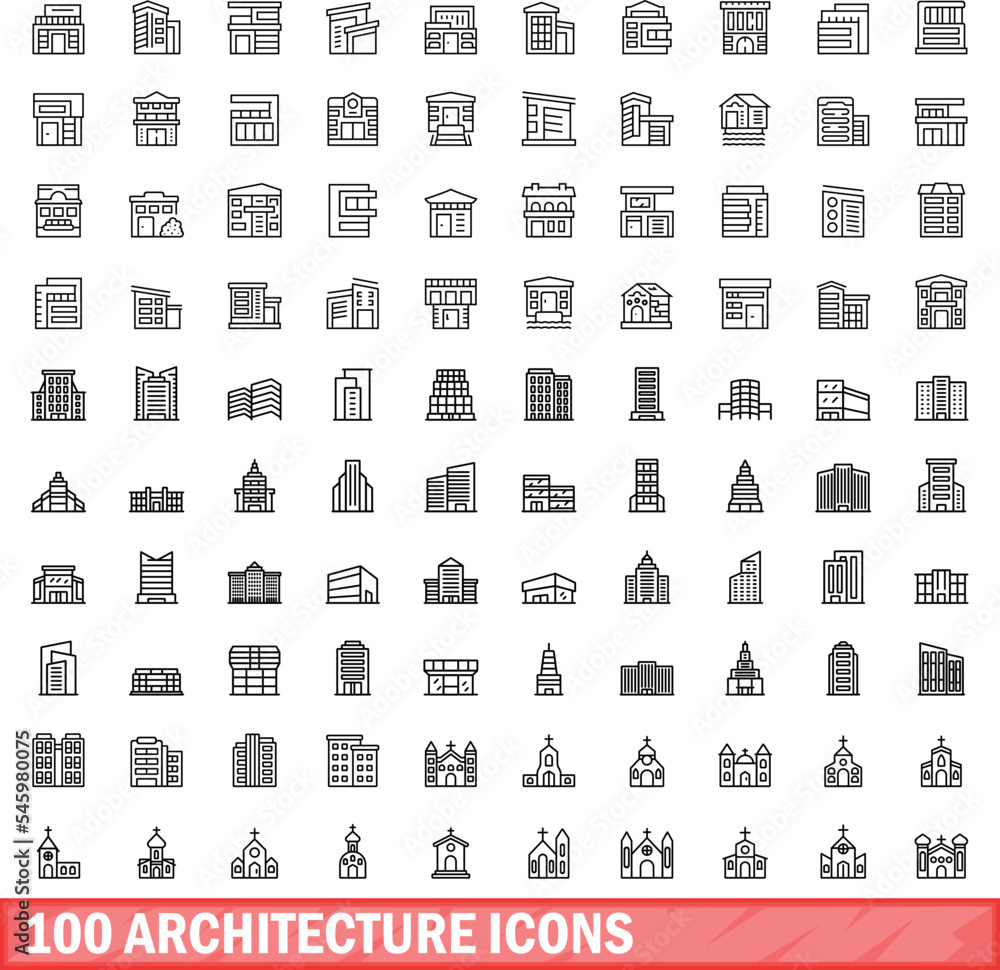 Poster 100 architecture icons set. outline illustration of 100 architecture icons vector set isolated on wh