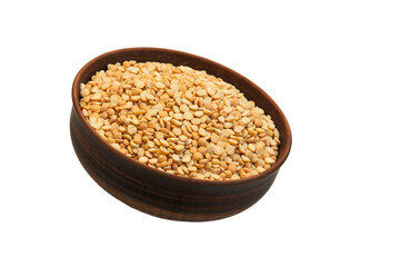 pea groats in a clay bowl. the concept of a good harvest of peas.	