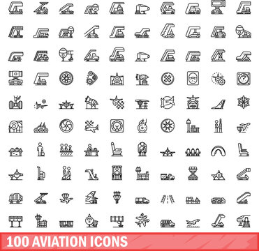 100 aviation icons set. Outline illustration of 100 aviation icons vector set isolated on white background