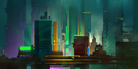 drawn urban landscape of the future. Futuristic cyberpunk city