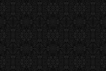 Embossed abstract black background, cover ethnic design. Press paper, boho style, doodle and zentangle technique. Tribal geometric 3d pattern. Actual themes of the East, Asia, India, Mexico, Aztecs