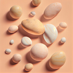 Fototapeta na wymiar Marble stones and pebbles on a pastel orange background, view from above. Beauty and fashion blog background. Flat lay.