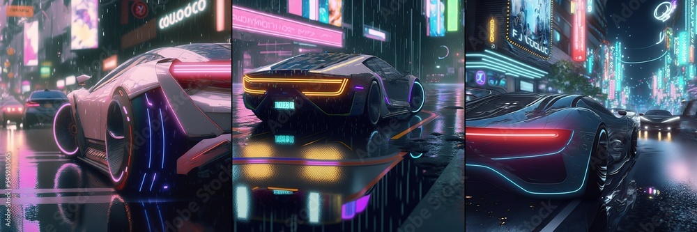 Sticker High speed, sports car racing. Sports cyberpunk futuristic car on a neon cyberpunk  80s retro background 3D illustration