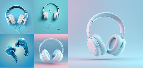 3D wireless headphones mockup. Big set. Different types of headphones are isolated on a blue background.  3d illustration