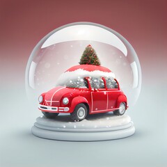 Red car snow globe with a Christmas tree on the roof - obrazy, fototapety, plakaty
