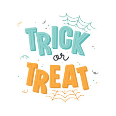Happy halloween greeting cards lettering with trick or treat. Halloween greeting card calligraphy with clouds, spider web or bat. Hand drawn vector, creepy, spooky elements, sketch, icon.