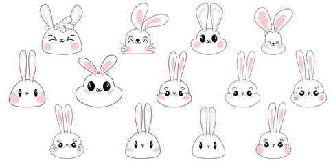 Rabbits Set. Outline Bunnies Faces.