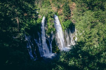 High-angle shot of Burney Falls in McArthur-Burney Falls Memorial State Park, California
