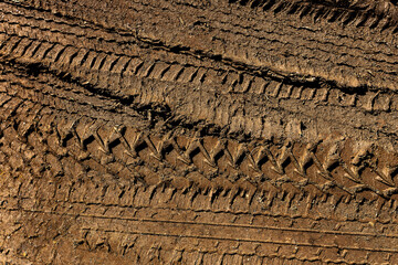 Tyre track on dirt sand or mud, Picture in retro or grunge tone. Car drive on sand. off road track. Track on grass field. Track in farm.
