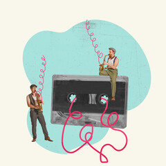 80s, 90s fashion style concept. Stylish men playing saxophones over light background. Modern...