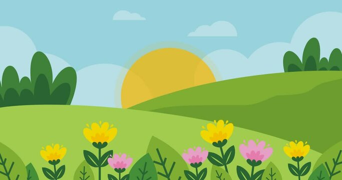 Green flower garden background animation with sun and heavy clouds