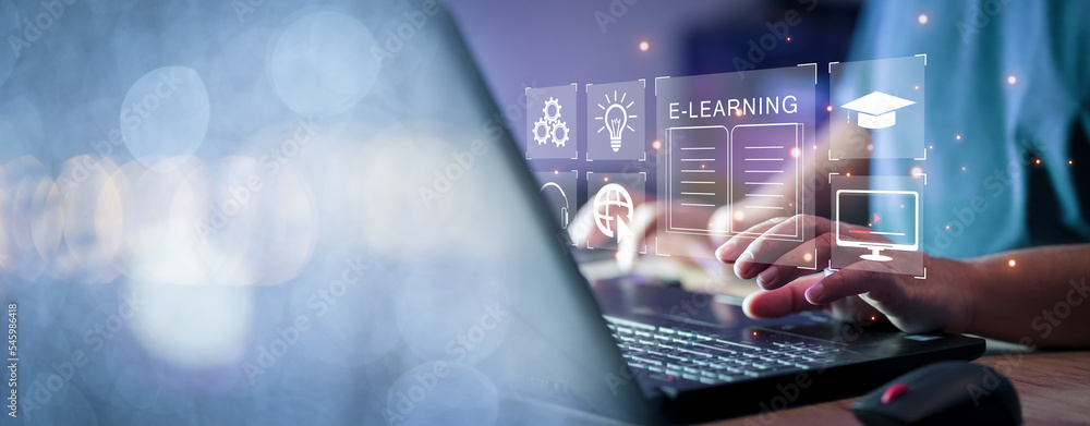 Poster Concept of Online education. man use Online education training and e-learning webinar on internet for personal development and professional qualifications. Digital courses to develop new skills.