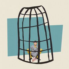 Contemporary art collage. Conceptual image. Young stylish boy sitting in bird cage symbolizing...