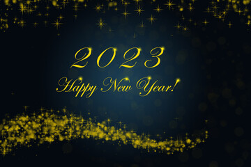 Fototapeta na wymiar Happy New Year 2023. Sparkling burning numbers Year 2023 with stars and bokeh on blue background.