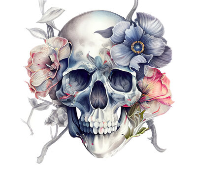 Skull and Flowers Day of The Dead, Vintage illustration. Elegant tattoo design. Gothic style, boho design.