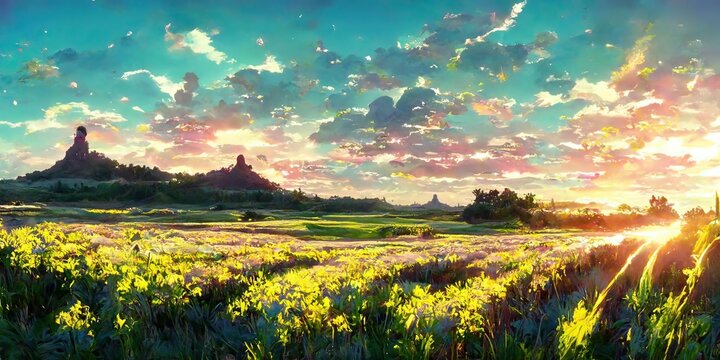 grassland sunrise watercolor landscape background