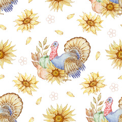 Obraz premium Autumn seamless pattern watercolor turkey and pumpkins