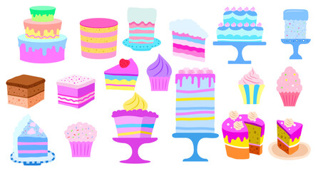 Pastry set, sweet cakes and desserts, cupcakes and cakes with cream, delicious pastries with frosting in a flat, cartoon style. Vector illustration for cooking, your design and holiday cards