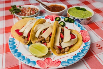 Closeup shot of alhambre tacos in a colorful plate next to dips, on a red checkered tablecloth