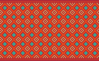 Pixel ethnic pattern, Vector embroidery Boho background, Geometric culture aztec style, Red and Yellow pattern native, Design for textile, fabric, curtain, digital print, tapestries