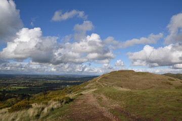 the views from the top of British camp hill fort, at the top of Malvern on a sunny day at the start of autumn 