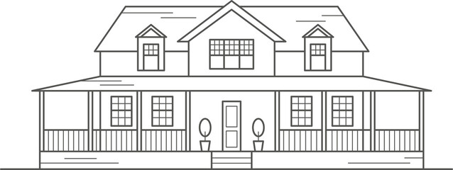 Cottage of neighborhood the city, the house of the suburbs residential area. Low-rise building of the village. Outline illustration.