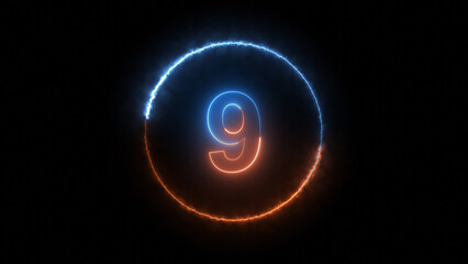 3d render, number nine glowing in the dark