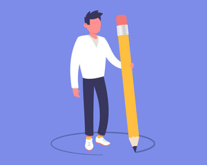 Vector business illustration of man write by pencil on color background. Flat style design of man holding big pencil