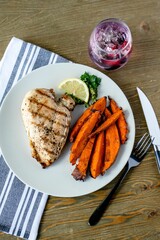 Vertical closeup shot of a plate of Chicken Breast with Sweet Potato Fries