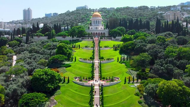 Aerial Drone Footage of Bahai Gardens Scenic View in Haifa Israel