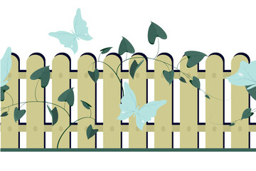 Fence with green weaving grass and butterflies. pattern