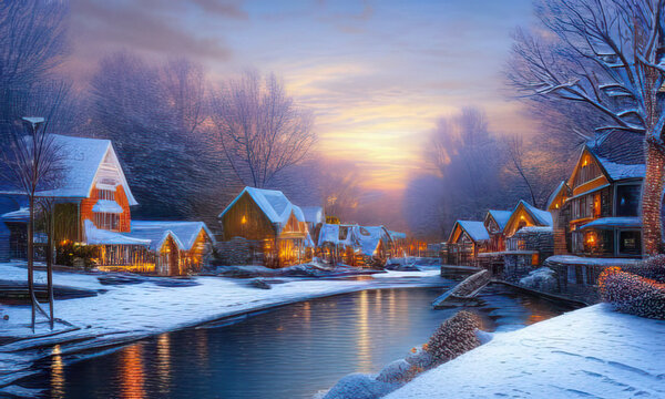 Beautiful winter landscape of small-town village on a river covered with snow. Illustration. Digital matte painting