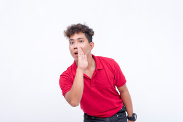 A devious man man spreading rumors around. Whispering a secret. Isolated on a white background.