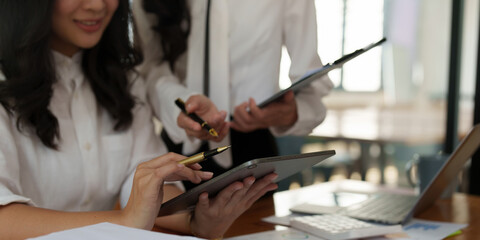 Group of business consultant working management big data and analyze financial document of company. account, finance, business concept