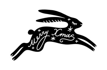 Chinese New Year zodiac cute beautiful black rabbit silhouette shape design concept. Hand drawn adorable Noel baby hare ornate lettering calligraphy illustration isolated on white background. Vector © Knstart Studio