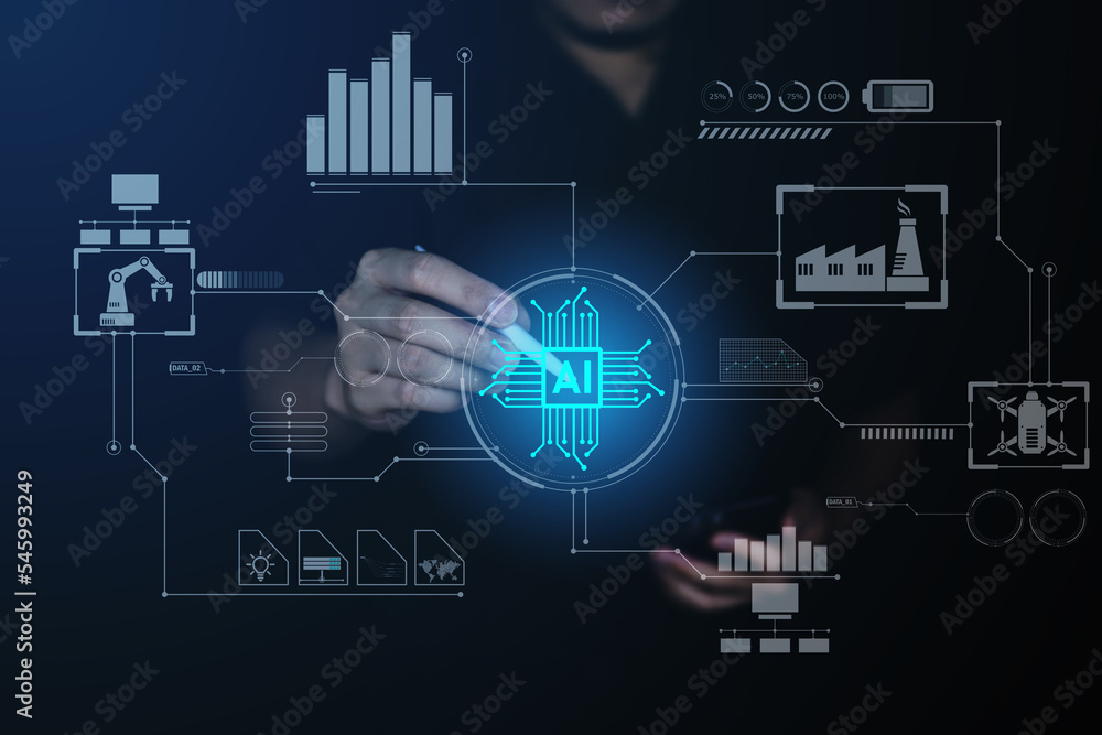 Poster technology ai control and people use ai for setup and management machine,