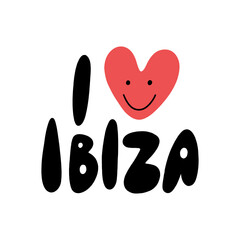 I love Ibiza lettering groovy trendy text. Hippy typography bright chill type print. 70s retro festival inspiration positive inscription. Perfect for posters, t shirt and more. Vector clipart